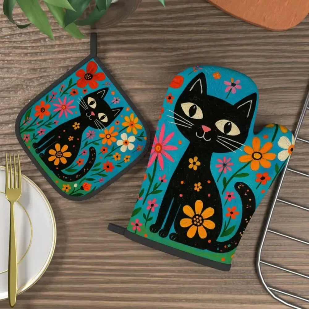 Black Cat themed Potholder& Oven Mitt New